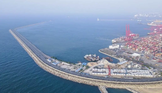 An aerial view of one side of the CWIT with including berth and yard.