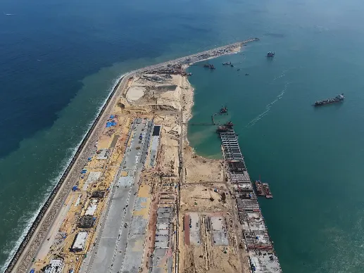 An aerial view a developed hook-shaped breakwater at CWIT.