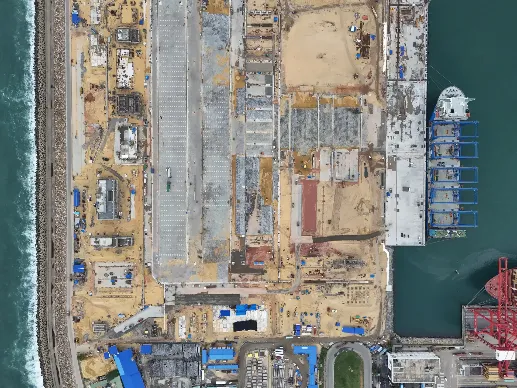An aerial view of the CWIT's breakwater under construction.