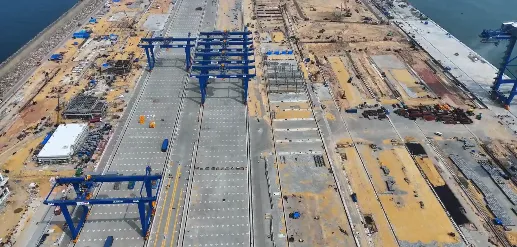 An aerial view of the cranes and container yard at CWIT.